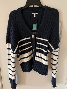 Maurices Navy and White Striped Ribbed Button Cardigan